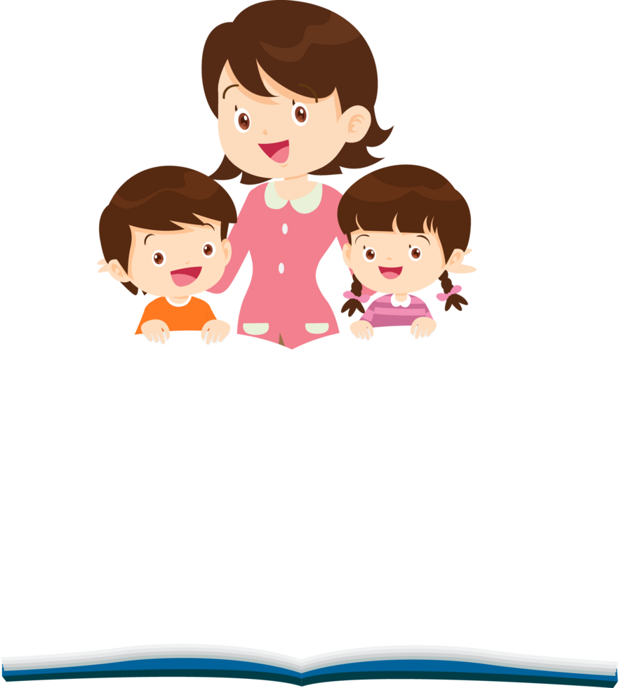 A young female teacher and a group of male and female students smile happily behind a large model book. png