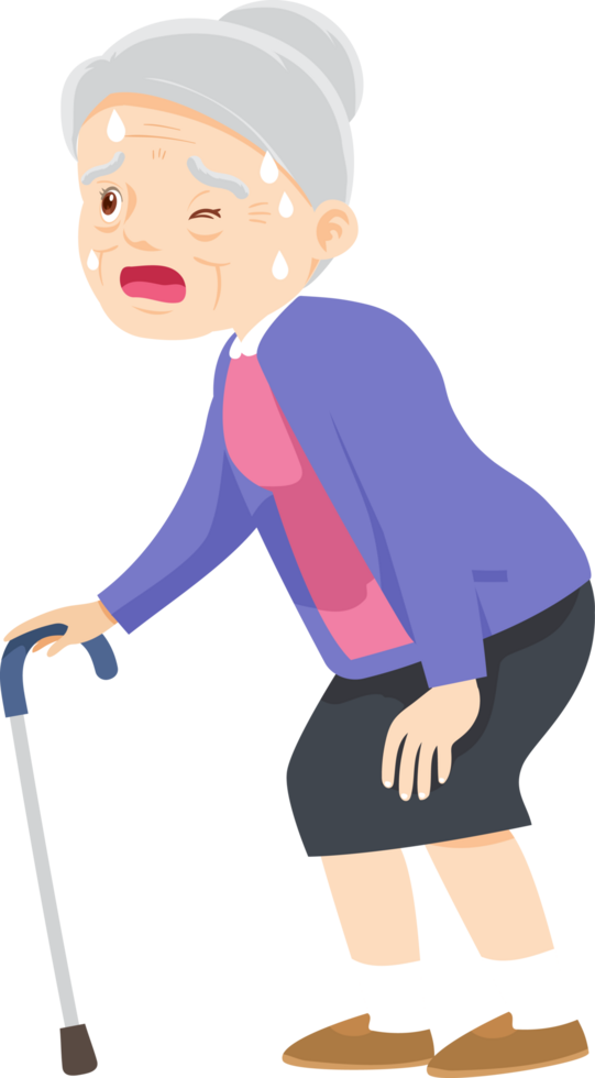 Grandma holding a cartoon cane feels faint in the scorching summer heat. png