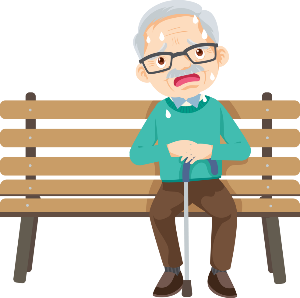 Grandpa, holding a cane, was sitting in a chair, sweating from the hot weather. png