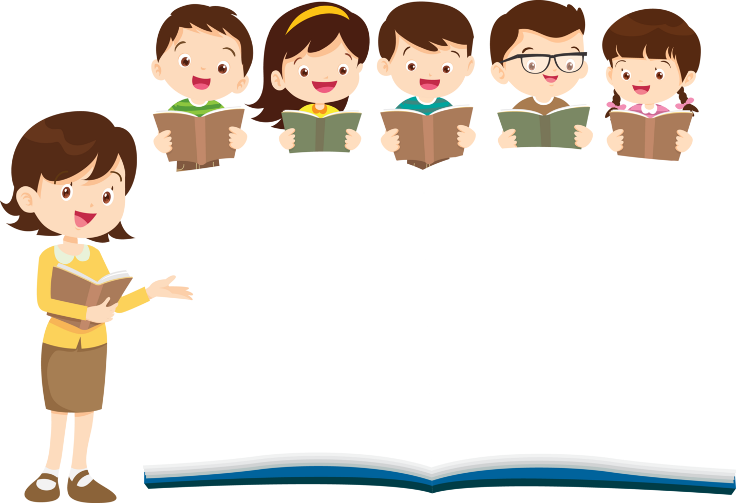 Cartoon-style teacher explaining a lesson with a smile. png
