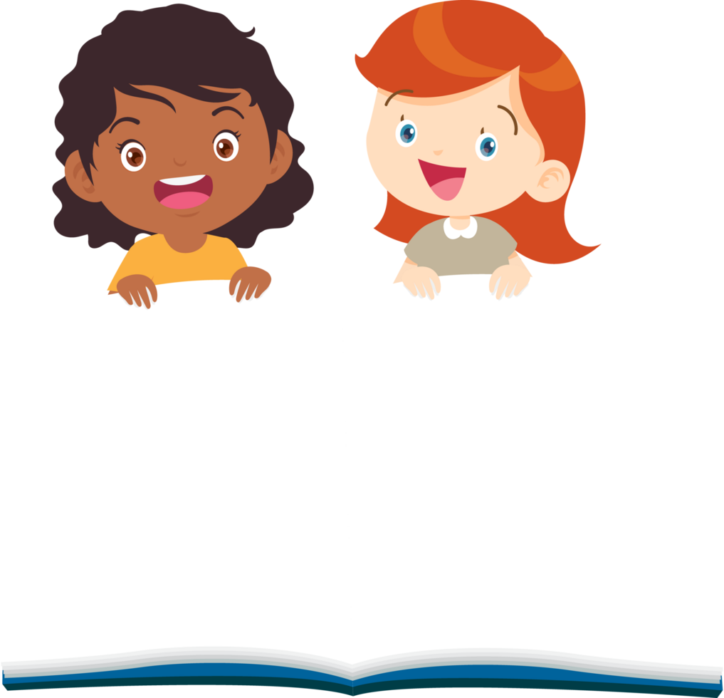 A cute school girl stands cheerfully behind a large model book. png