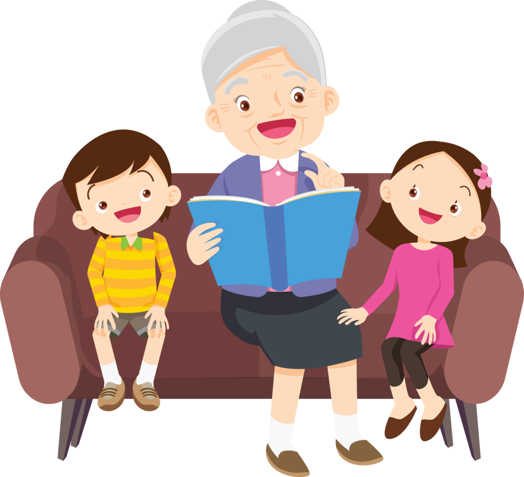 Grandmother sitting on a chair, sharing life lessons through stories. png