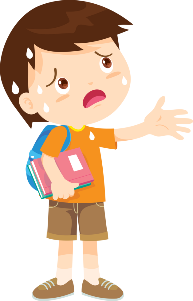 A school boy with a backpack and books, sweating all over in the scorching sun. png