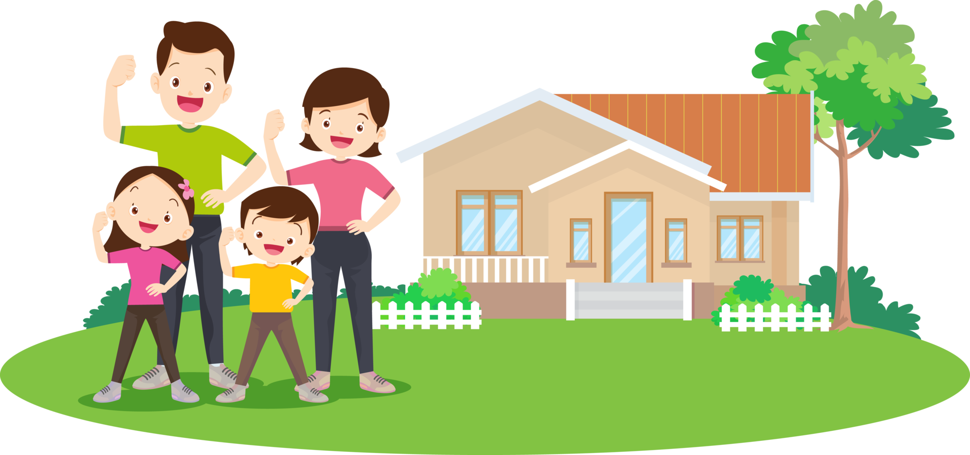 Dad leads the family in stretching exercises on the front lawn. png