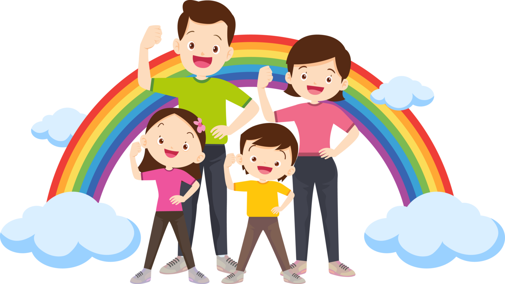 A happy family stands in front of a beautiful rainbow doing exercise for good health. png