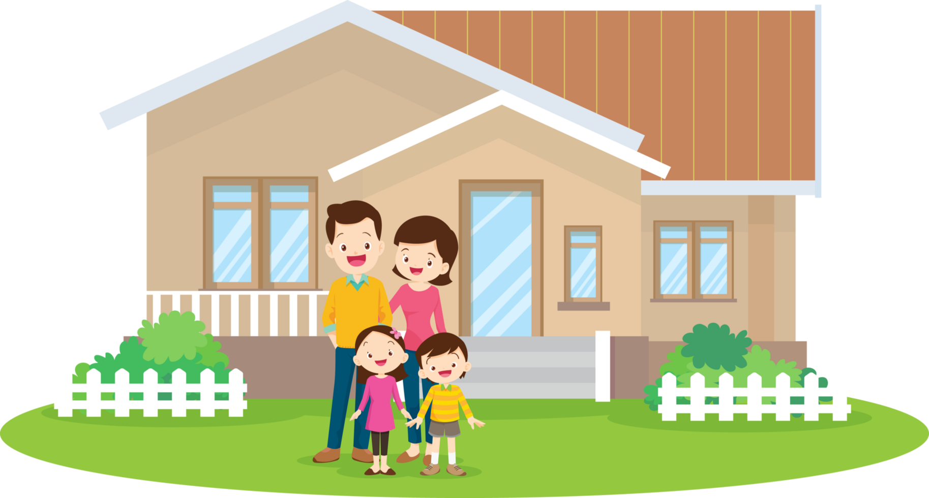 Smiling parents playing with their children in a cozy home. png