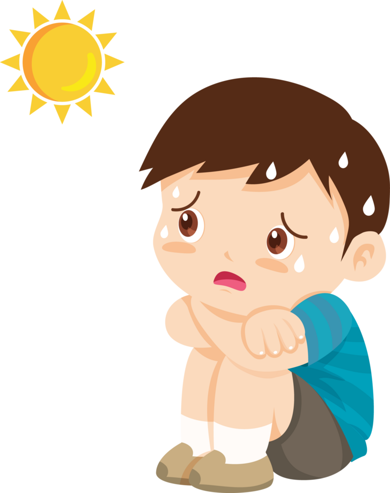 A pop art boy sits hugging his knees, sweating because of the heat. png