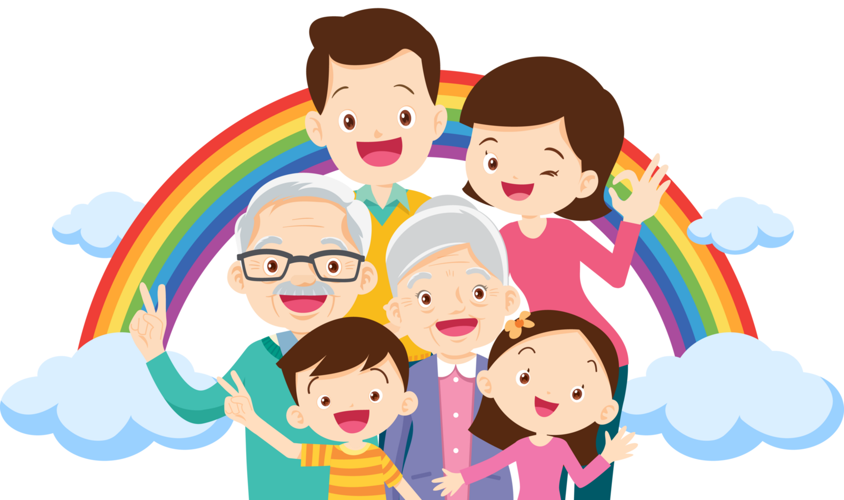 A happy family poses for a photo together amidst a bright sky and a beautiful rainbow. png