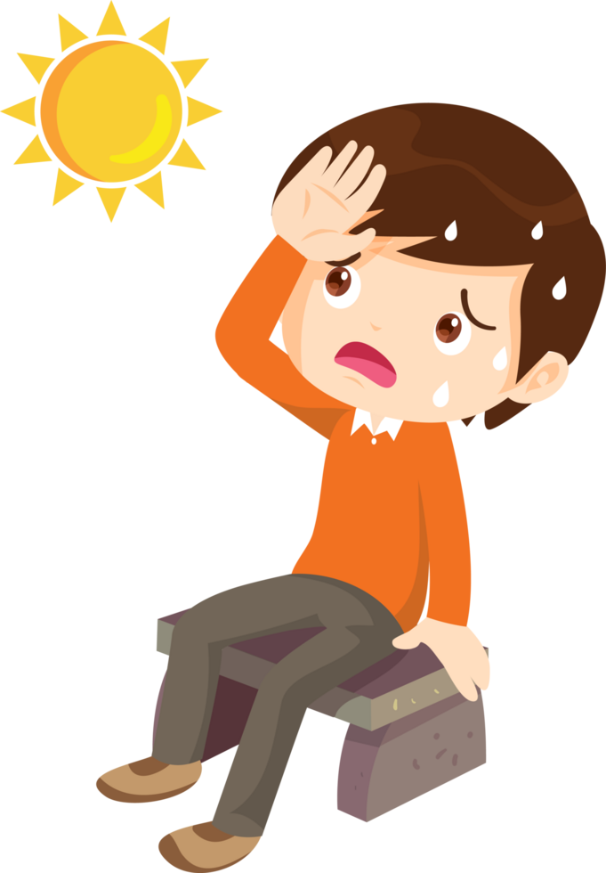 Cartoon boy wiping his sweat while sitting under a tree. png