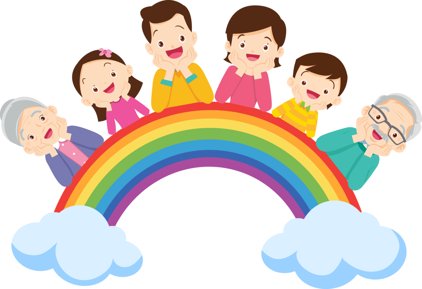 A happy family is sitting happily with their chins on a beautiful rainbow. png