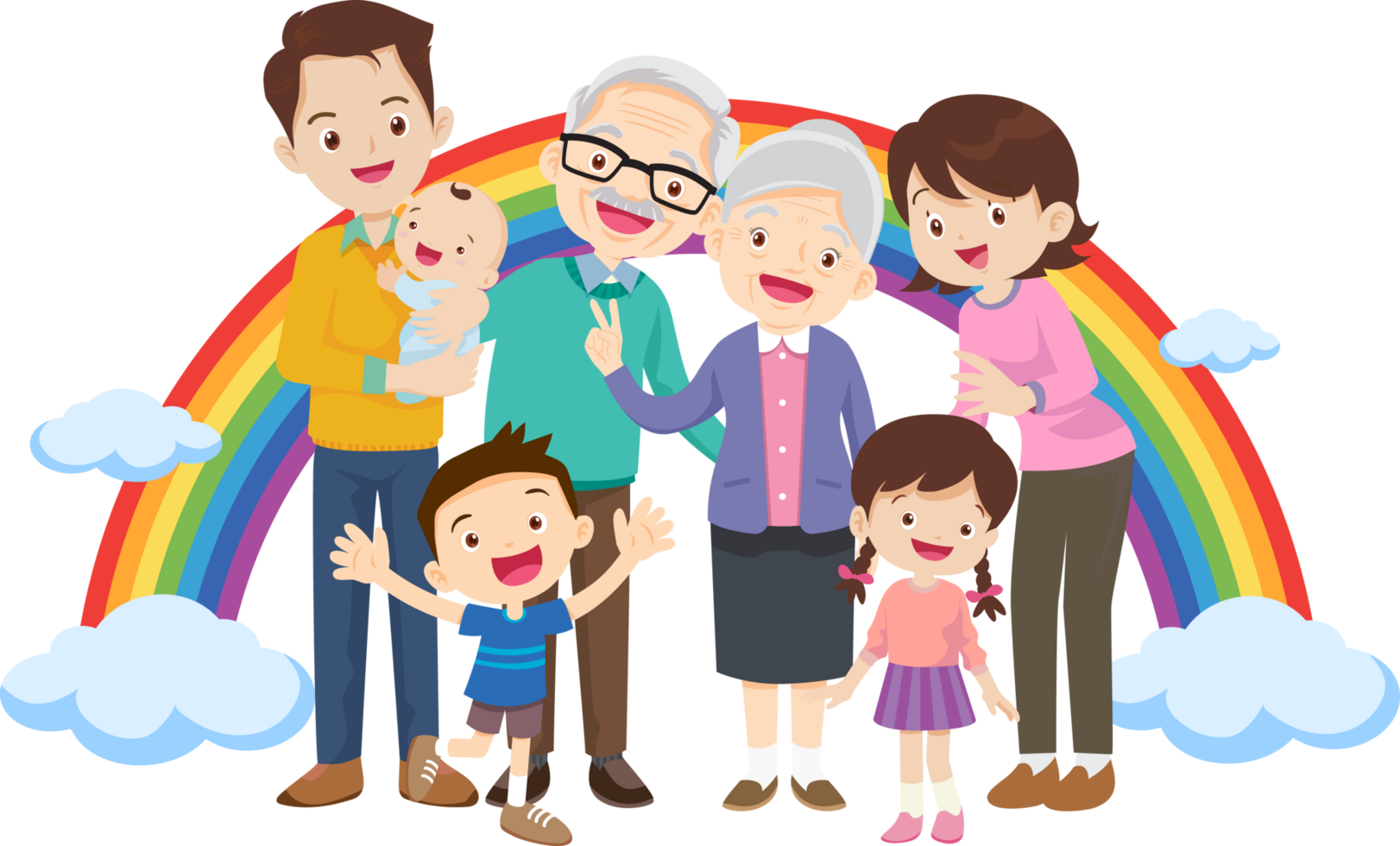 A happy family is living happily together amidst a beautiful rainbow. png