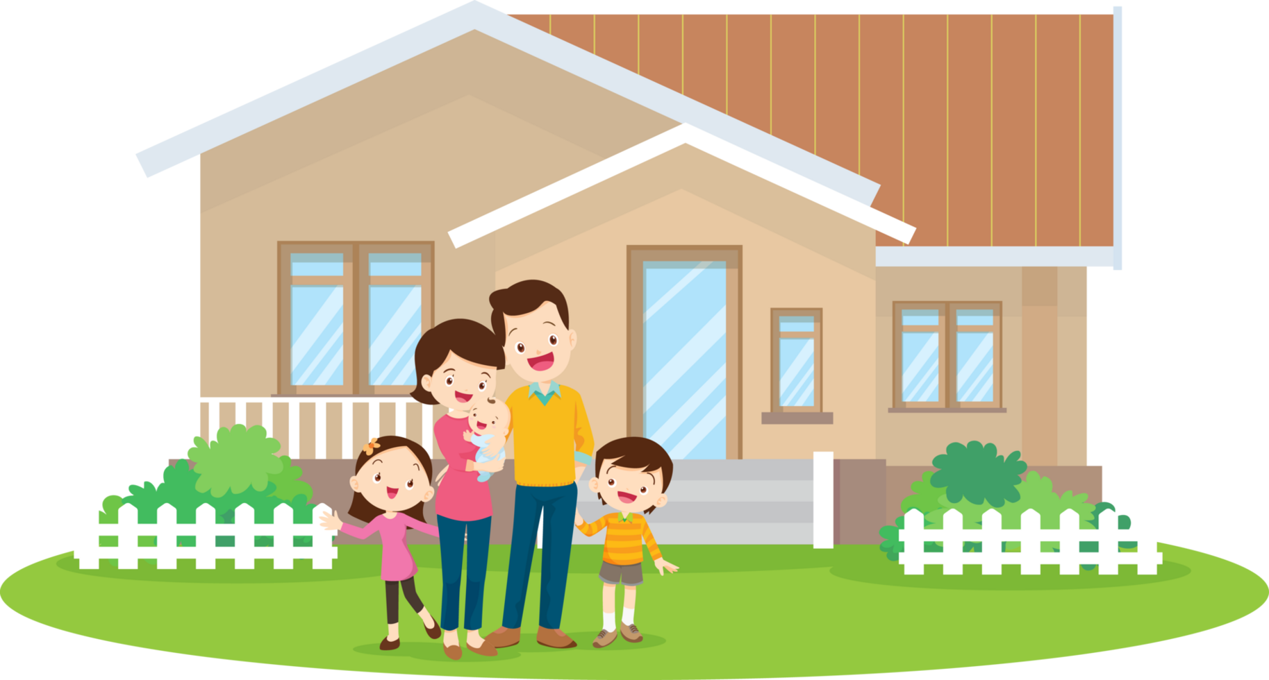 A warm family stands in front of their new house for a photo with smiling faces. png