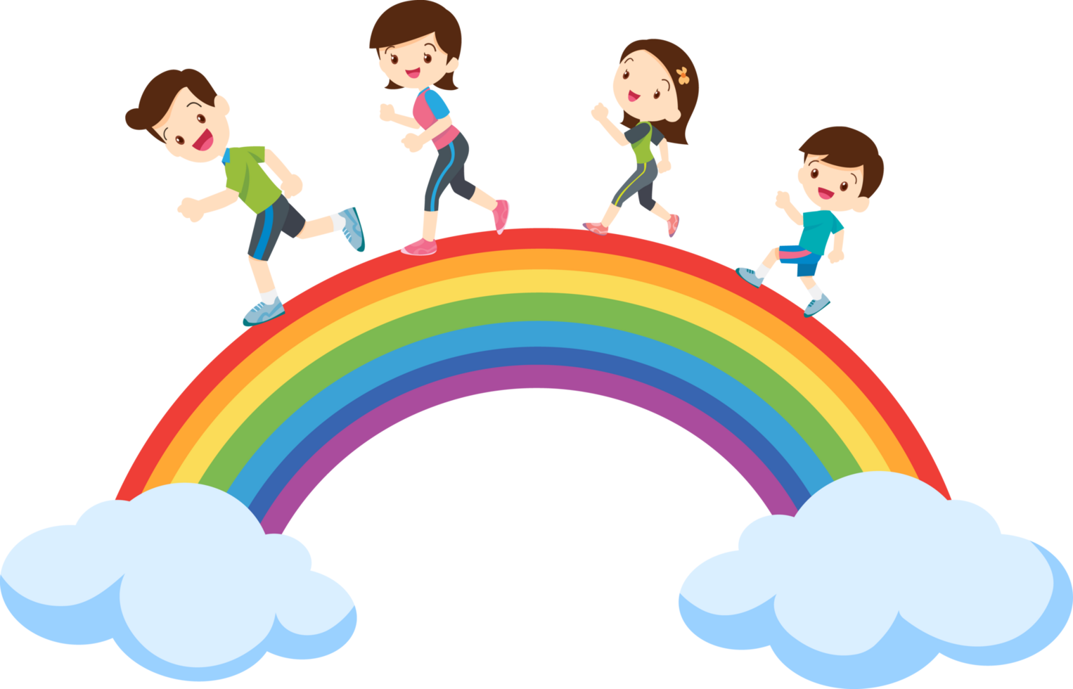 A lovely family happily strolls along a beautiful rainbow. png