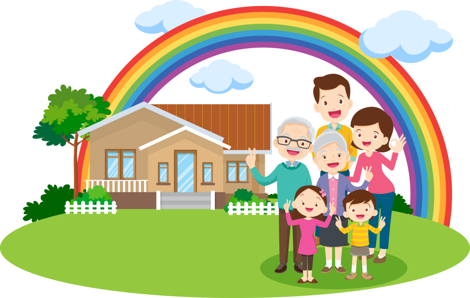 A billboard advertising a happy home with a happy family surrounded by nature and rainbows. png