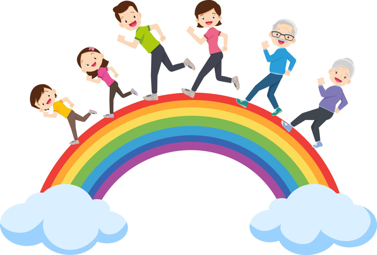 A sign showing a happy family running on a beautiful rainbow, inviting people to exercise. png