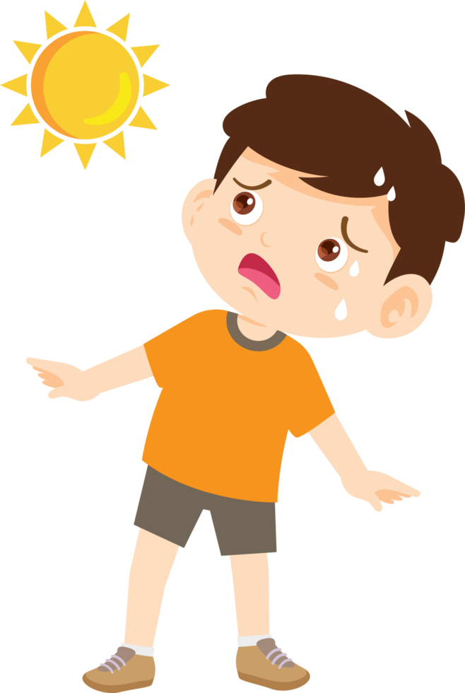 Little boy sweating while playing outside in summer. png
