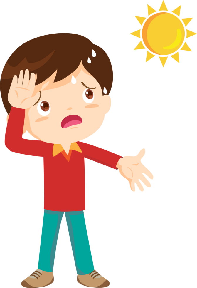 Cartoon-style boy sweating and feeling dizzy from the heat. png
