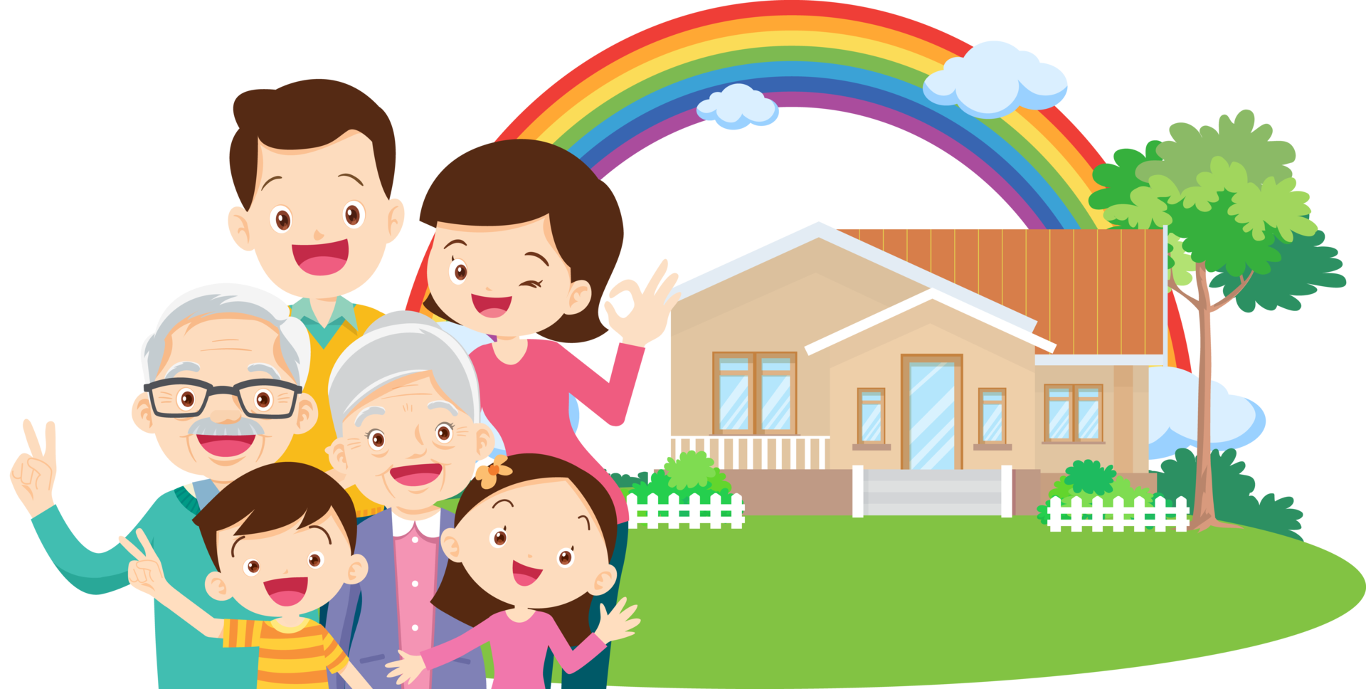 A warm family happily playing with a house and rainbow in the background. png