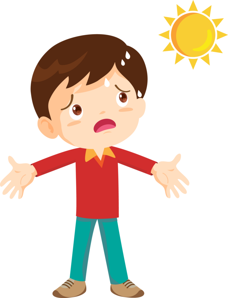 Overheated little boy looking for shade to cool off. png