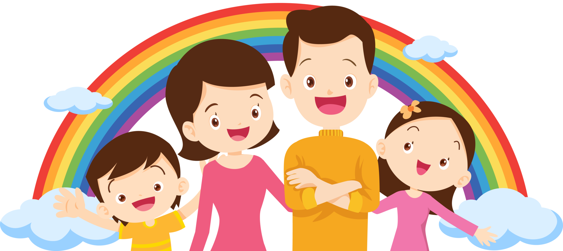 Advertisement of a happy, smiling family with a beautiful rainbow as a backdrop. png