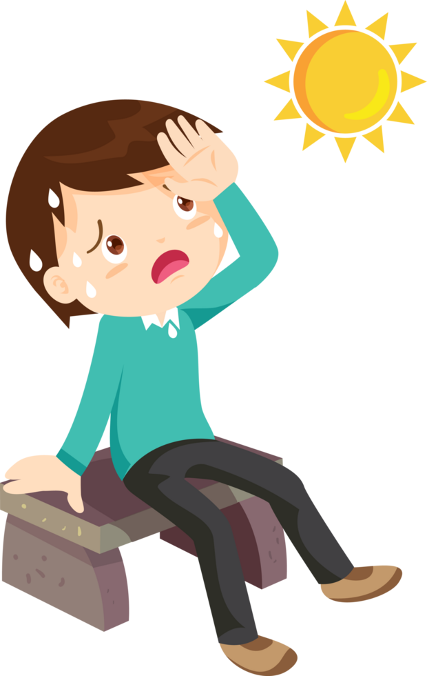 Cartoon-style kids suffering from heatstroke in summer. png