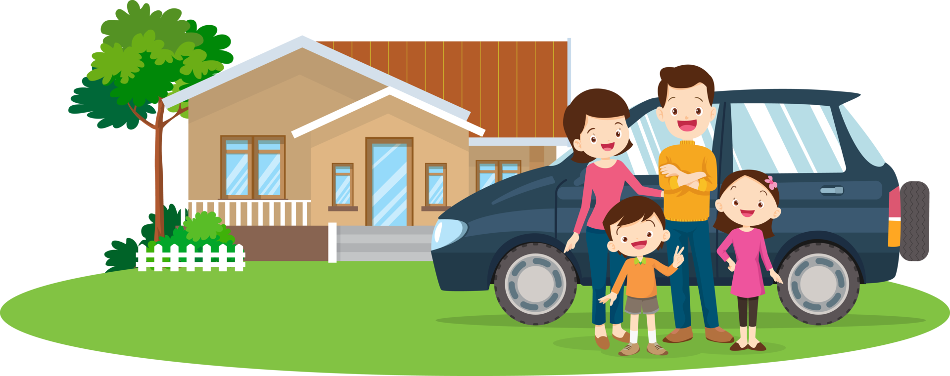Happy family happily celebrates their new house and new car together. png