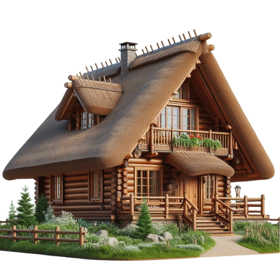 Rustic Wooden House with Thatched Roof in a Natural Setting png