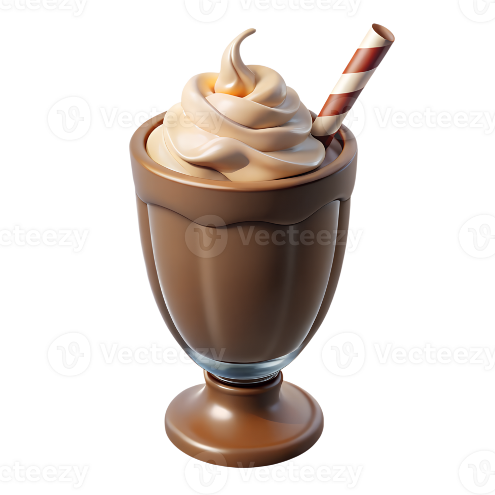 Delicious chocolate milkshake with whipped cream and a straw 3d illustration isolated on the transparent background png