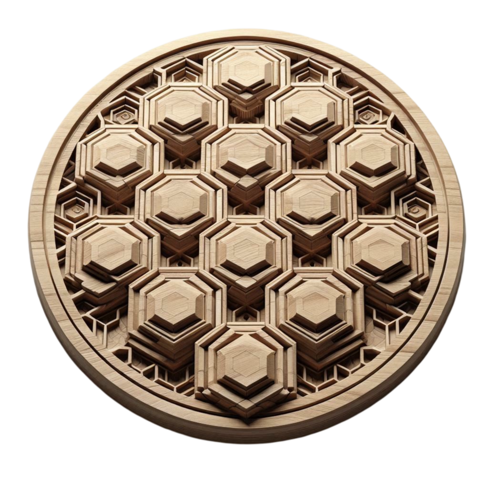 Circular Wooden Sculpture with Hexagonal Pattern png