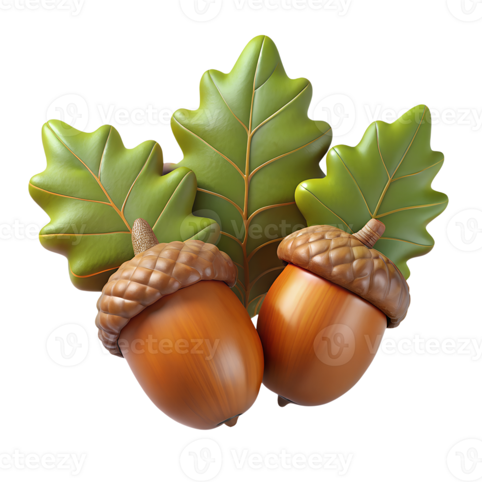 Acorns with oak leaves 3d illustration isolated on the transparent background png