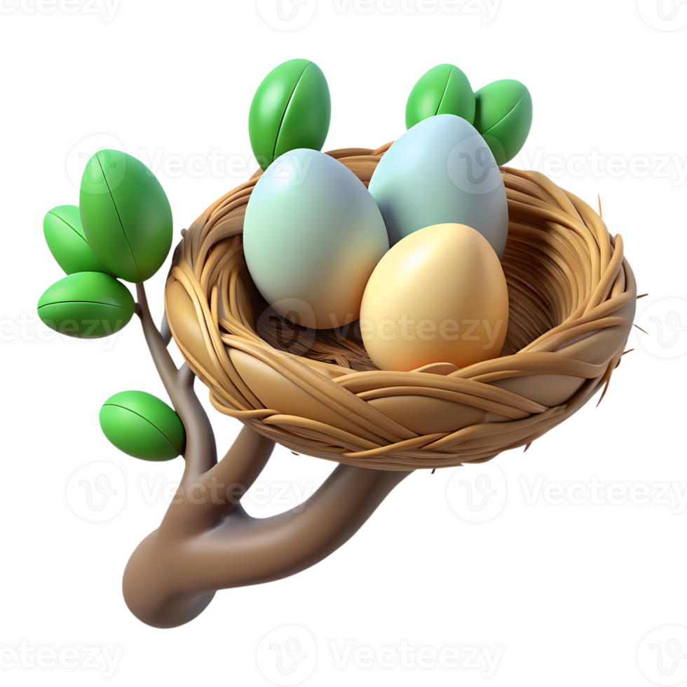 Bird eggs lying in the nest on a tree branch 3d illustration isolated on the transparent background png