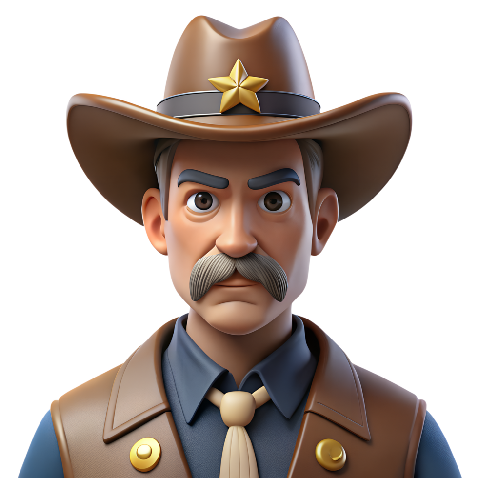 Wild West sheriff portrait 3d illustration isolated on the transparent background png