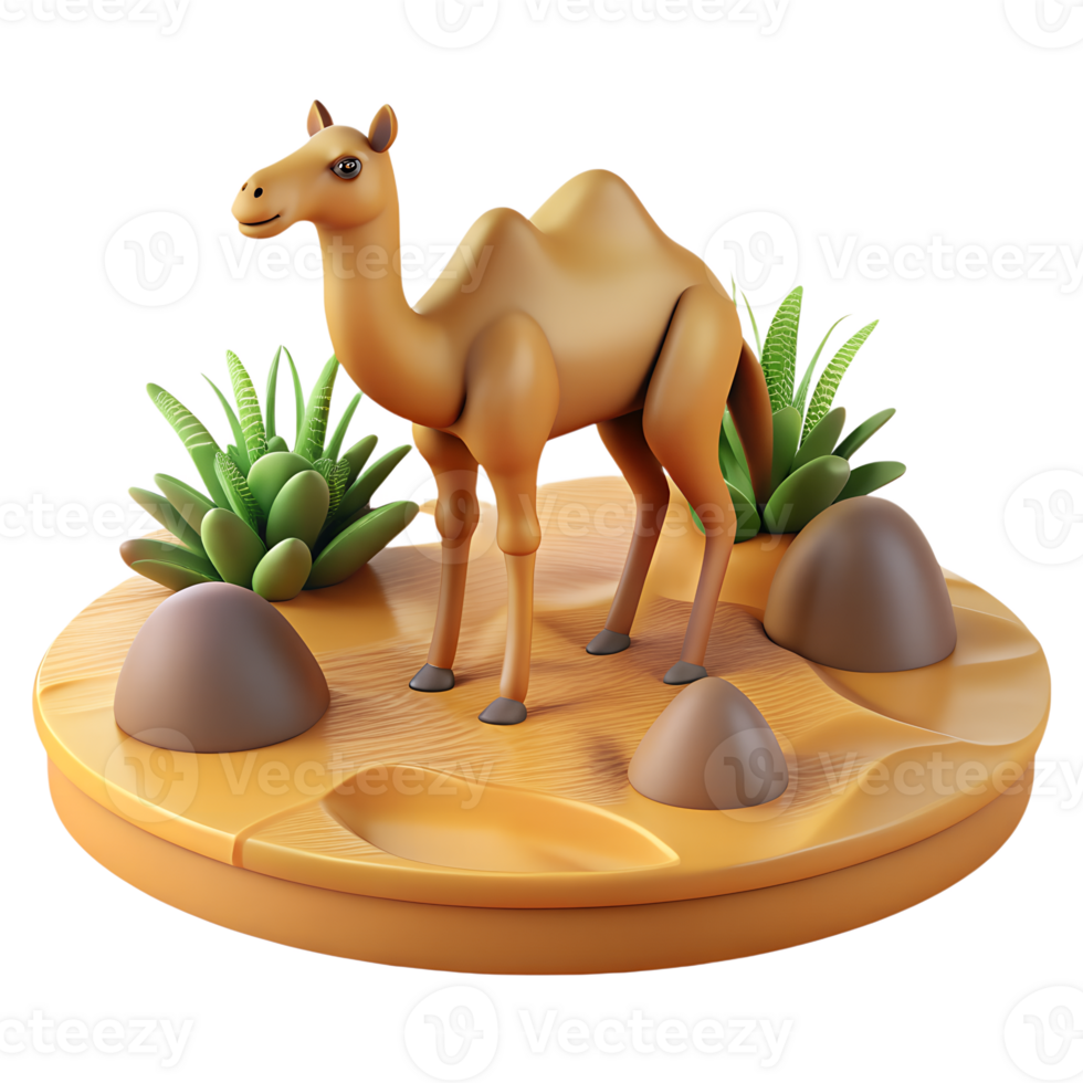 Playful 3d cartoon camel strolling through a sandy desert with dunes png
