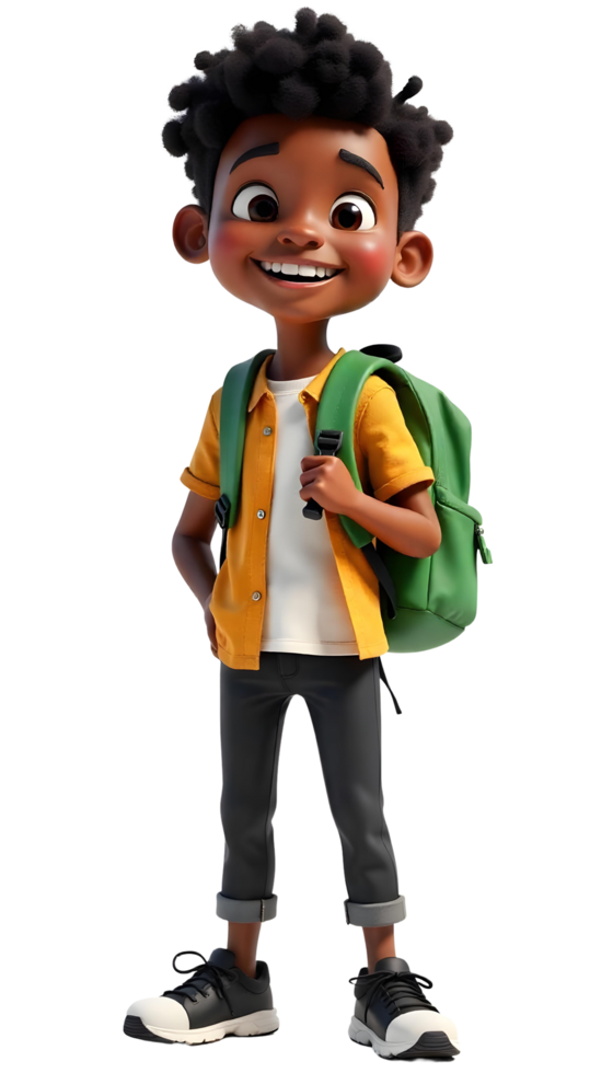 student black boy student wearing green backpack and yellow shirt png