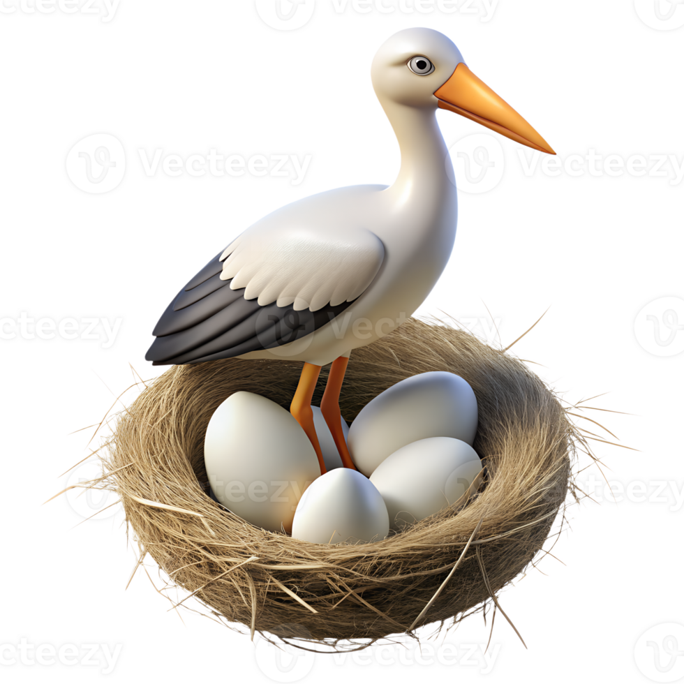 Stork bird standing in the nest with eggs 3d illustration isolated on the transparent background png
