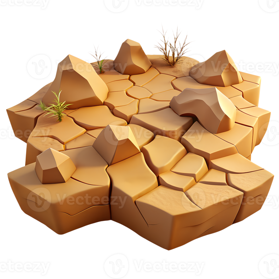 Desert landscape with rugged rocks and cracked earth 3d illustration isolated png