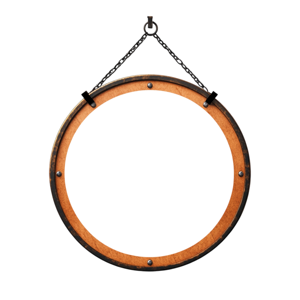 a wooden round frame hanging on a chain png