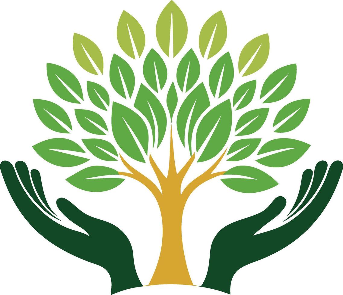Hands cradling a thriving tree, symbolizing environmental protection and ecological balance logo mascot design vector