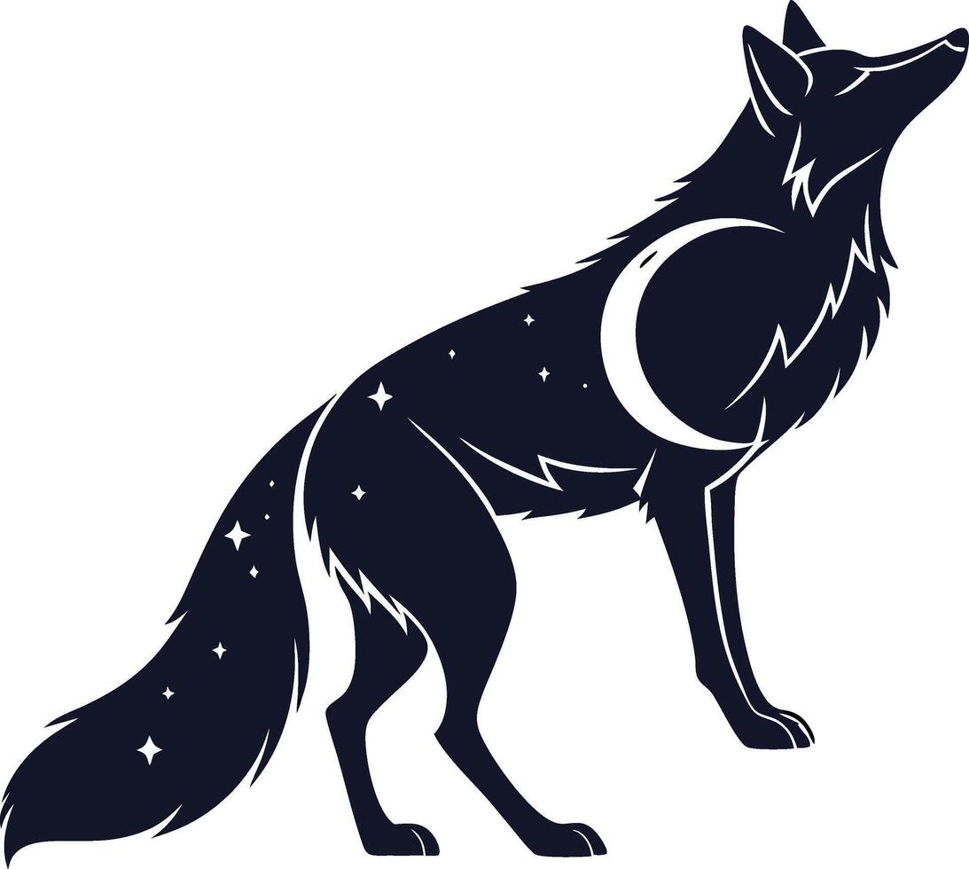 Wolf silhouetted against a starry night sky, the body adorned with a crescent moon, exuding mystery vector