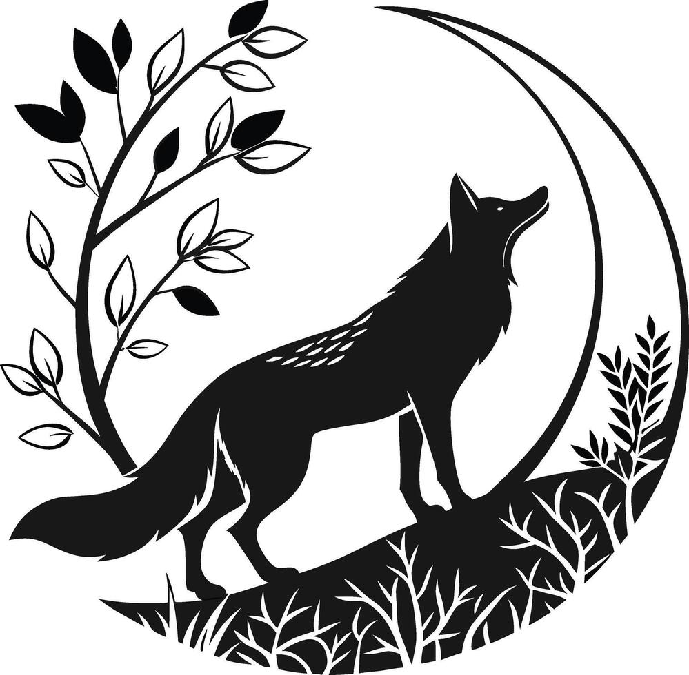 Fox standing on a crescent moon, framed by branches and foliage, creating a mystical and serene scene vector