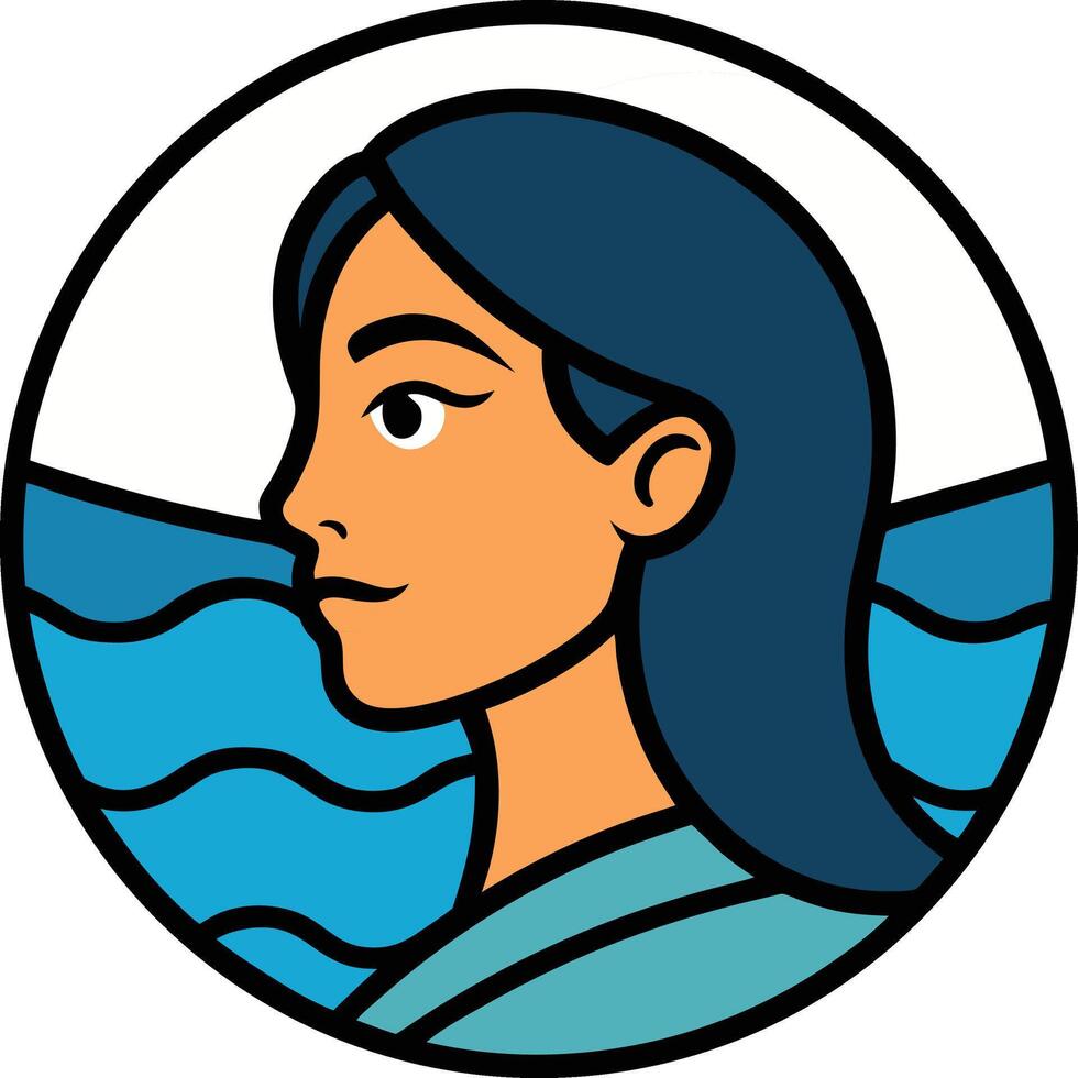 Woman's profile set against a background of stylized waves and sky vector