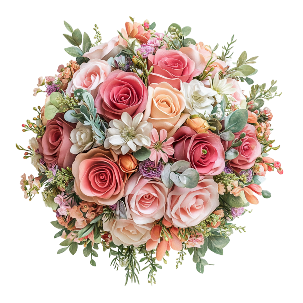 a bouquet of pink and peach roses on a transparent background png