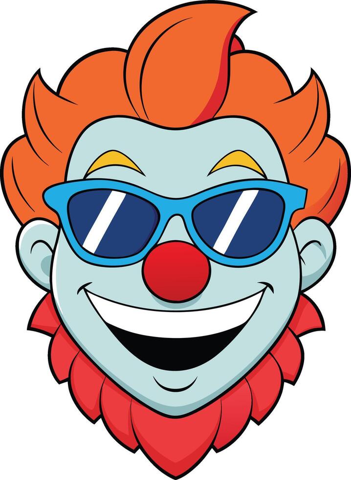Clown, complete with vibrant orange hair, a prominent red nose, and cool blue sunglasses Logo Mascot icon vector
