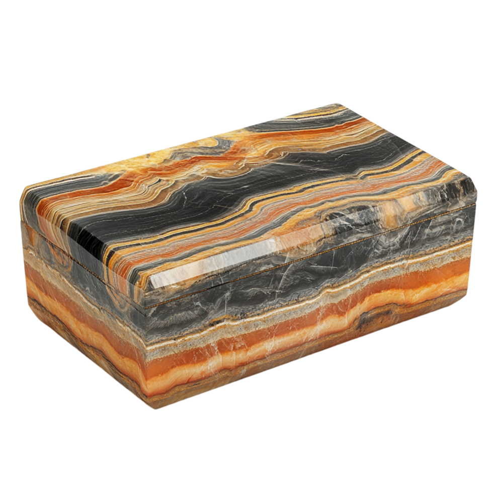 a marble box with a black, orange and white striped design png