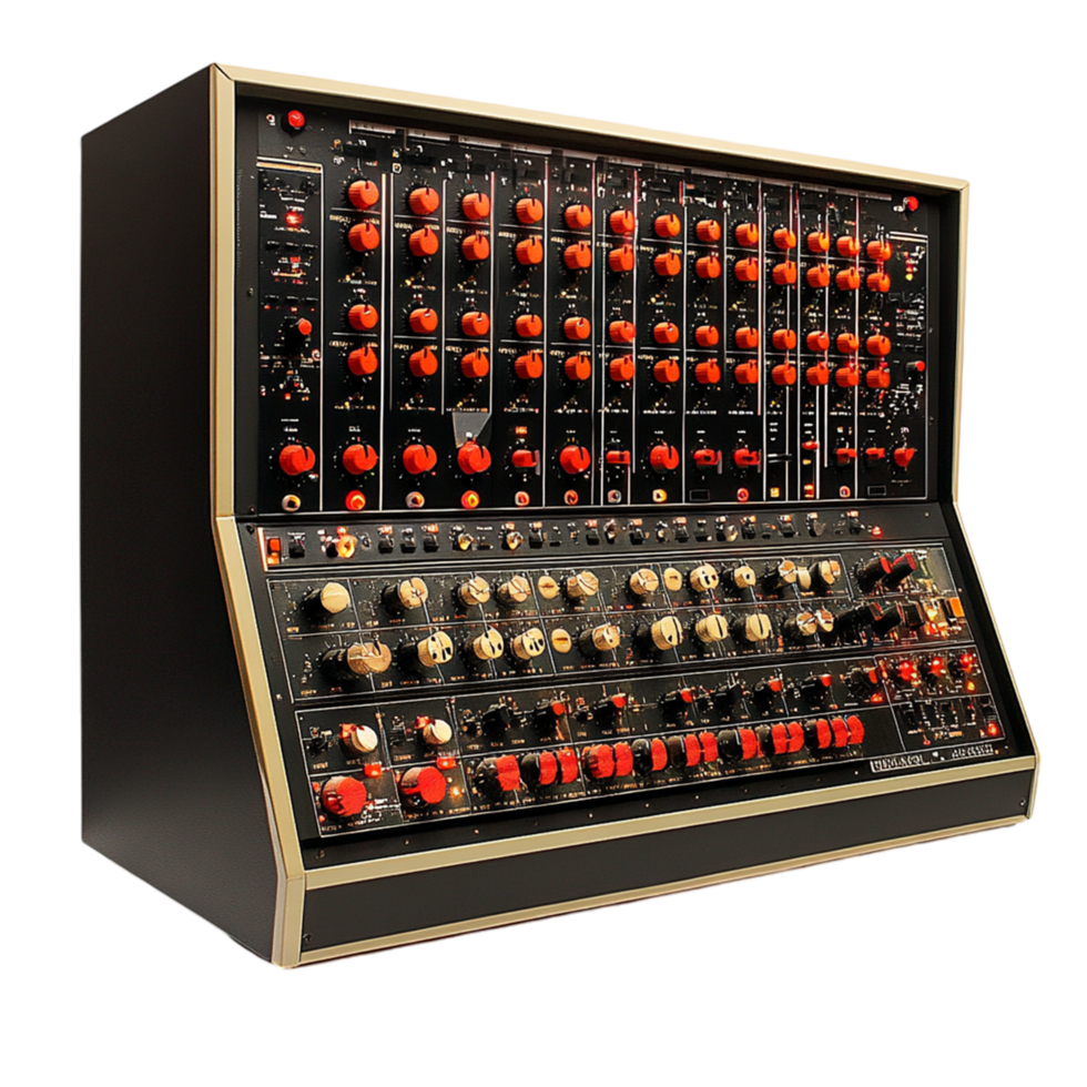 an analog synthesizer with many knobs and buttons isolated on transparent background png