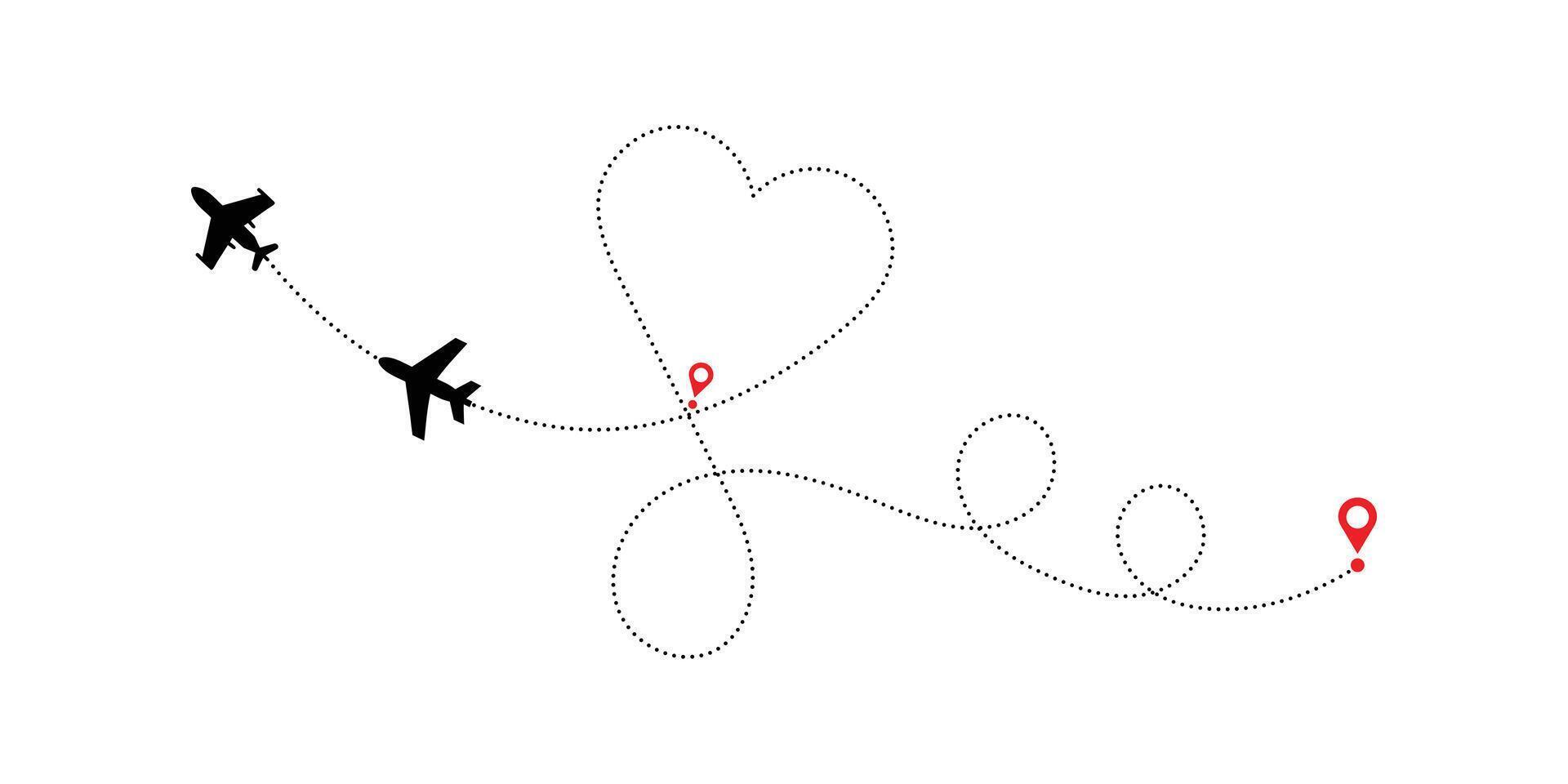 Heart shaped flight path a romantic journey. Airplane flight route with start point and dash line. vector