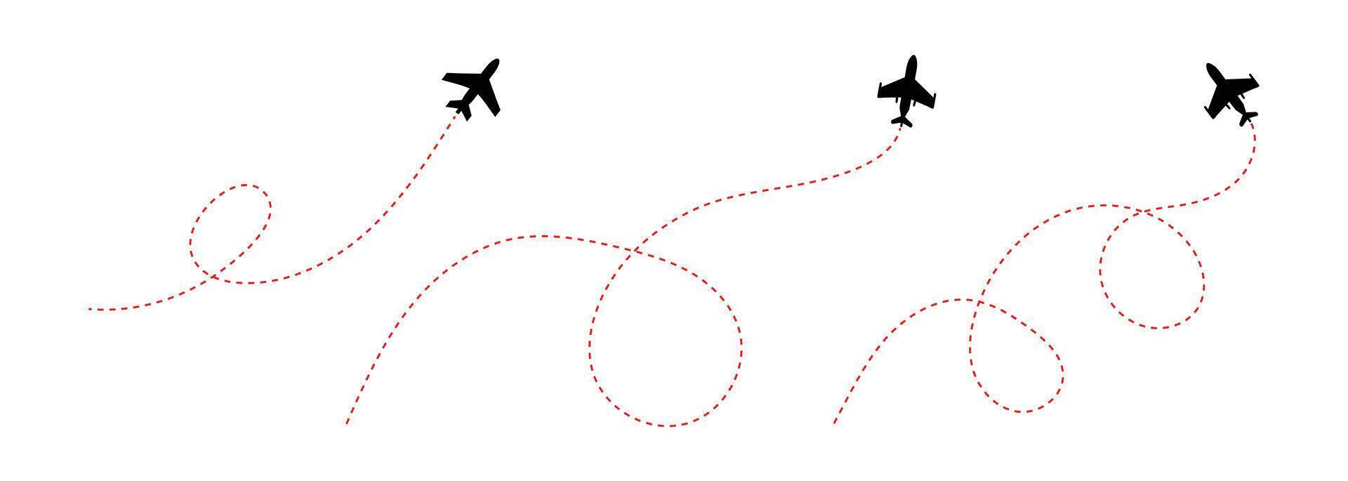 Airplane silhouettes with dotted lines depicting their winding flight paths. Airline route with plane icon. vector