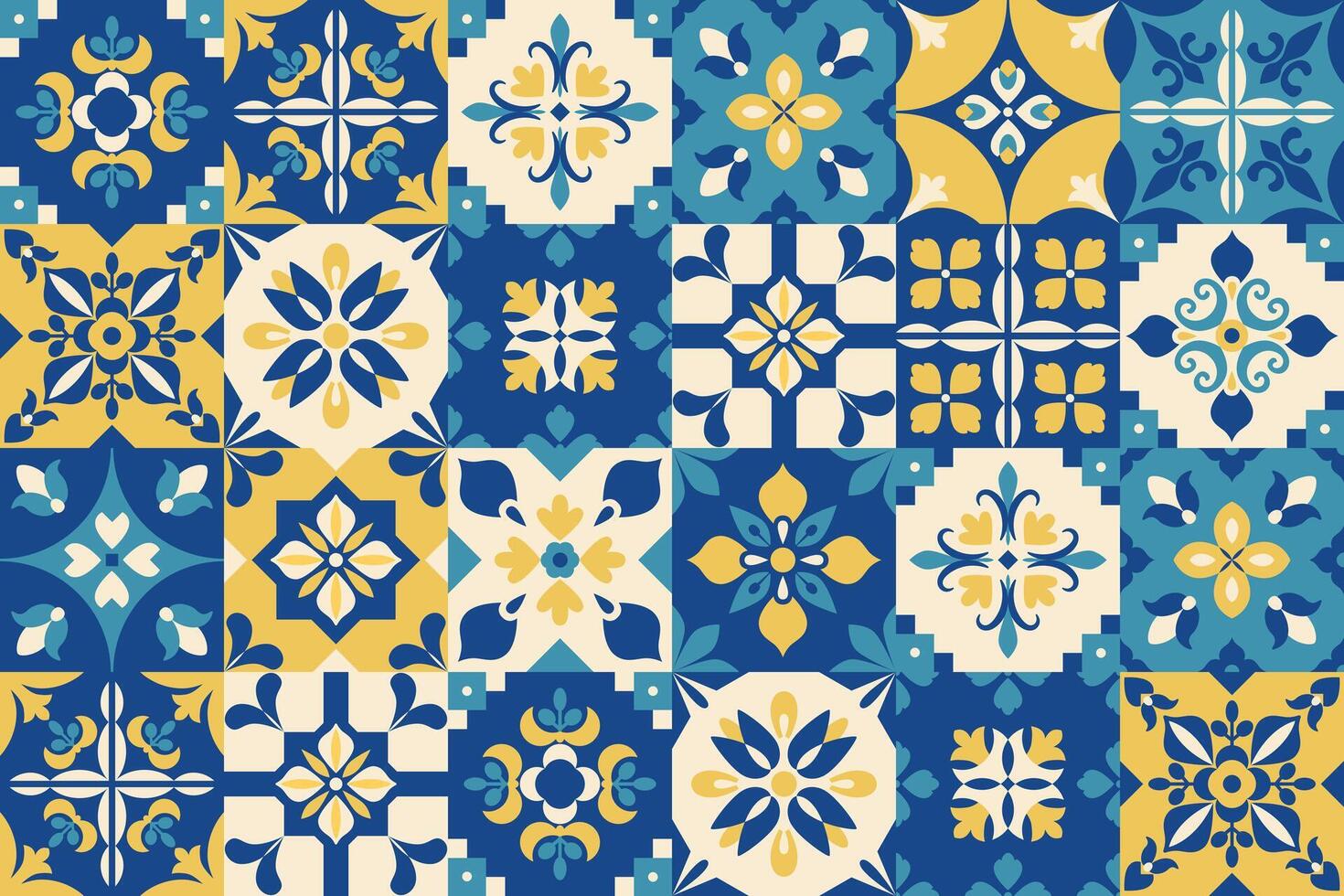 Mediterranean traditional pattern. Blue and yellow azulejo tiles. Abstract geometric floral background, banner, cover, flyer. Italian, Portuguese, Spanish, Moroccan mosaic. Damask. illustration. vector