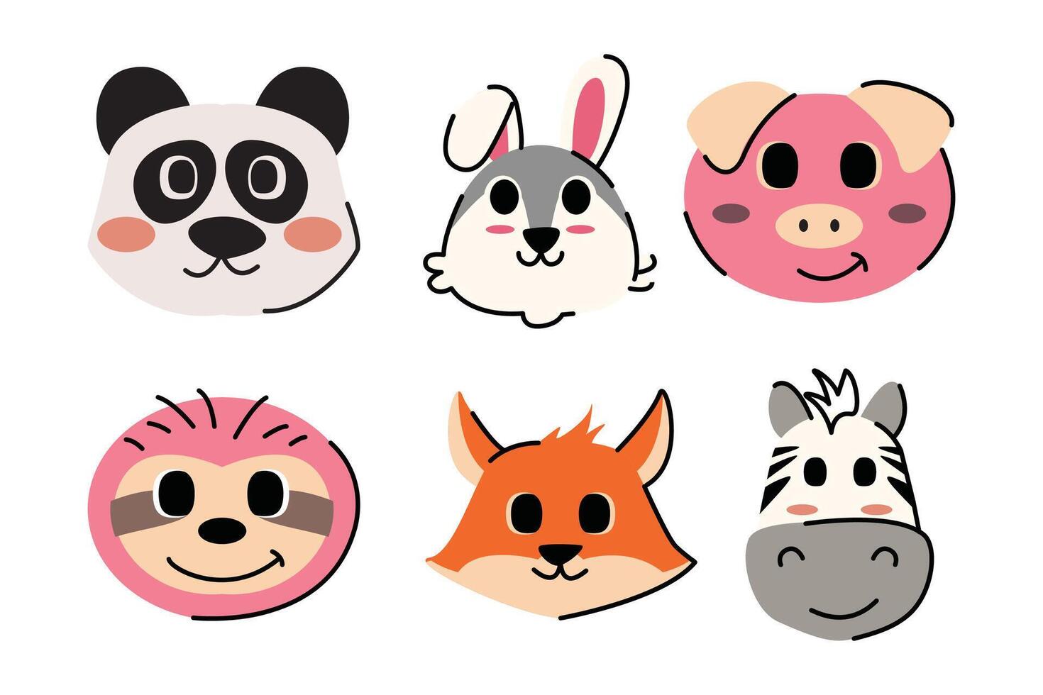 Delightful animal faces set, hand drawn style for children, simple and fun vector
