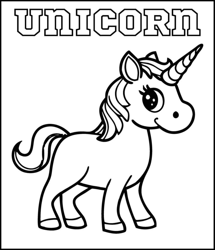 Adorable Black and White Unicorn Coloring Page vector
